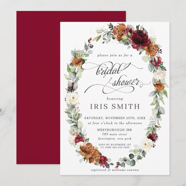 Burgundy Ivory Rust Floral Wreath Bridal Shower Invitation (Front/Back)