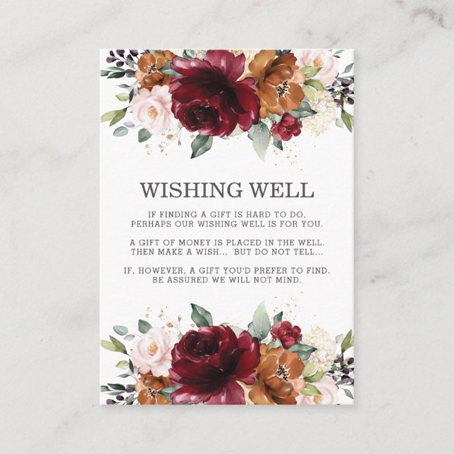 Burgundy Ivory Rust Flowers Wedding Wishing Well Enclosure Card (Front)