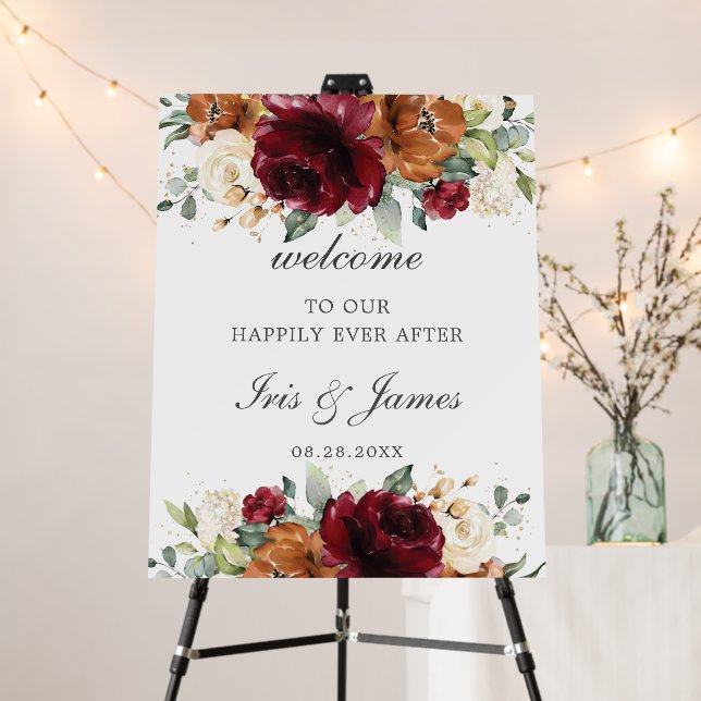 Burgundy Ivory Rust Orange Floral Wedding Welcome Foam Board (In Situ (Stand))