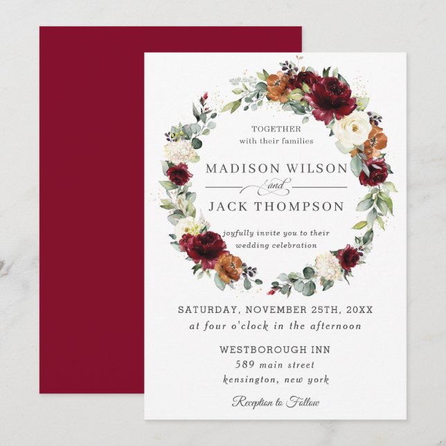 Burgundy Ivory Rust Orange Floral Wreath Wedding Invitation (Front/Back)