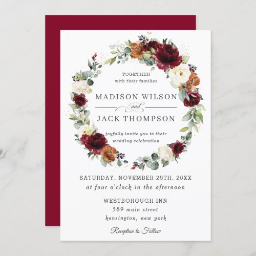 Burgundy Ivory Rust Orange Floral Wreath Wedding Invitation