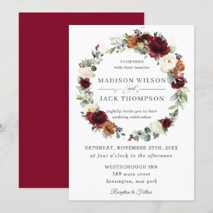 Burgundy Ivory Rust Orange Floral Wreath Wedding Invitation