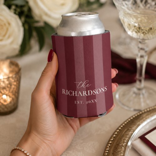Burgundy Ivory Stripe Personalized Custom Wedding Can Cooler