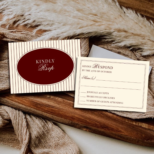 Burgundy Ivory Stripes Oval Old Money Mail In RSVP Card (Creator Uploaded)