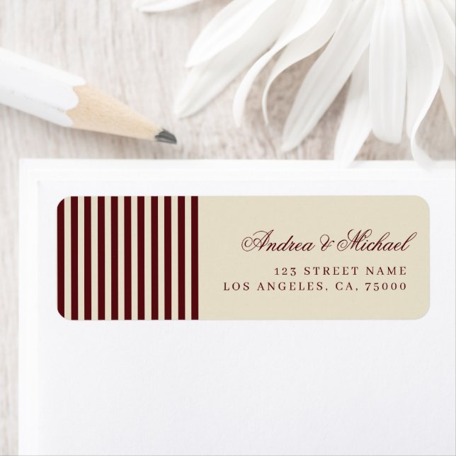 Burgundy & Ivory Stripes Return Address Wedding Label (Insitu)