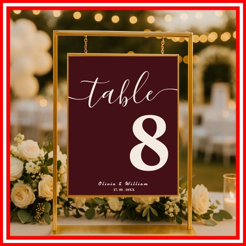 Burgundy & Ivory Wedding Table Number  Poster