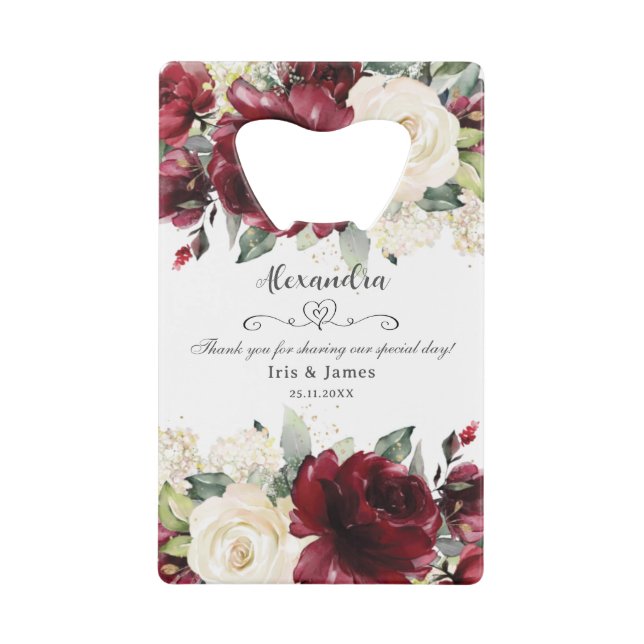 Burgundy Ivory White Floral Greenery Wedding Favor Credit Card Bottle Opener (Front)