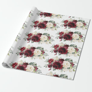 Burgundy Ivory White Floral Greenery  Wrapping Paper