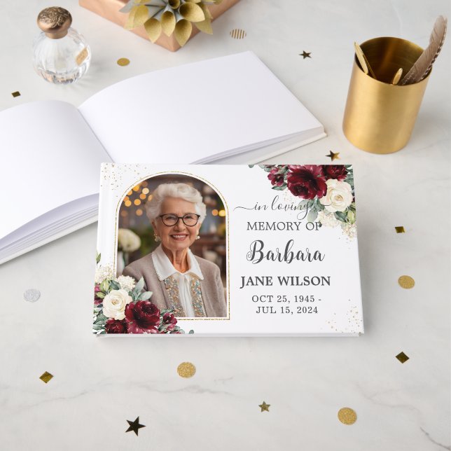 Burgundy Ivory White Floral Memorial Funeral Photo Guest Book (Front Open)