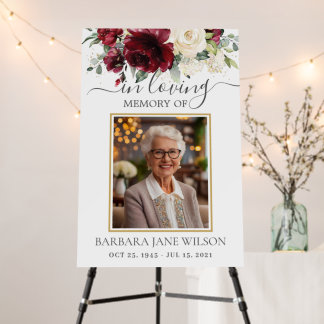 Burgundy Ivory White Floral Photo Funeral Memorial Foam Board