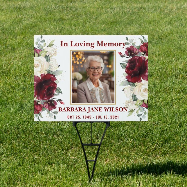 Burgundy Ivory White Floral Photo Funeral Memorial Sign (Insitu)