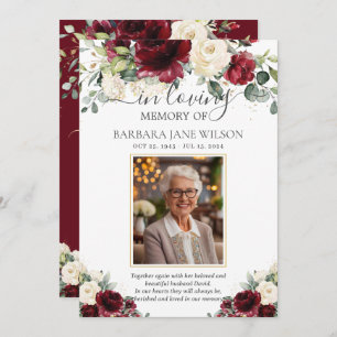 Burgundy Ivory White Floral Photo Funeral Memorial Thank You Card