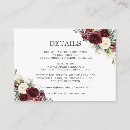 Burgundy Ivory White Floral Wedding Details Enclosure Card