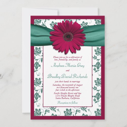 Burgundy Jade Daisy Floral Damask Wedding Invitation