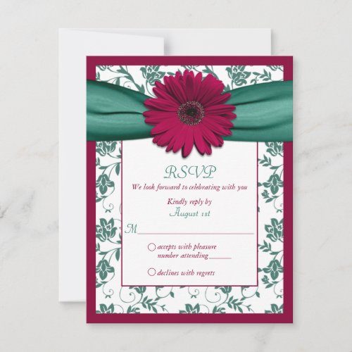 Burgundy Jade Daisy Floral Damask Wedding RSVP Invitation