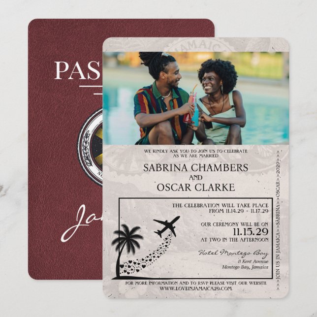 Burgundy Jamaica Passport Wedding Invitation (Front/Back)