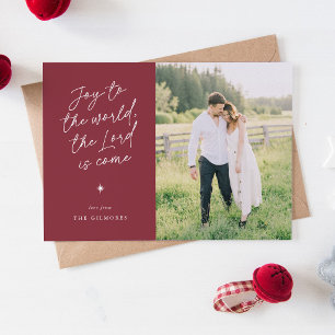 Burgundy Joy to the World Handwritten Christmas Holiday Card