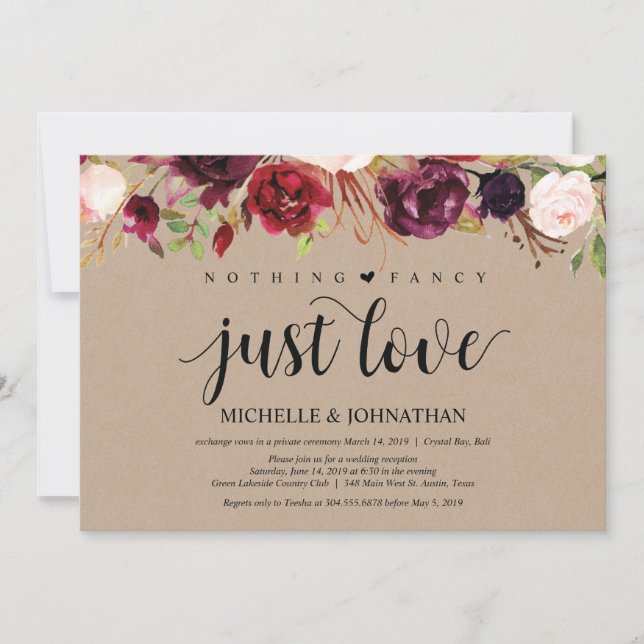 Burgundy Kraft Floral Elopement Reception Invites (Front)