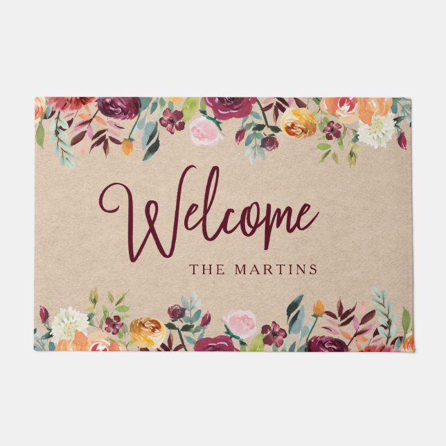 Burgundy Kraft | Rustic Floral Welcome Doormat (Front)