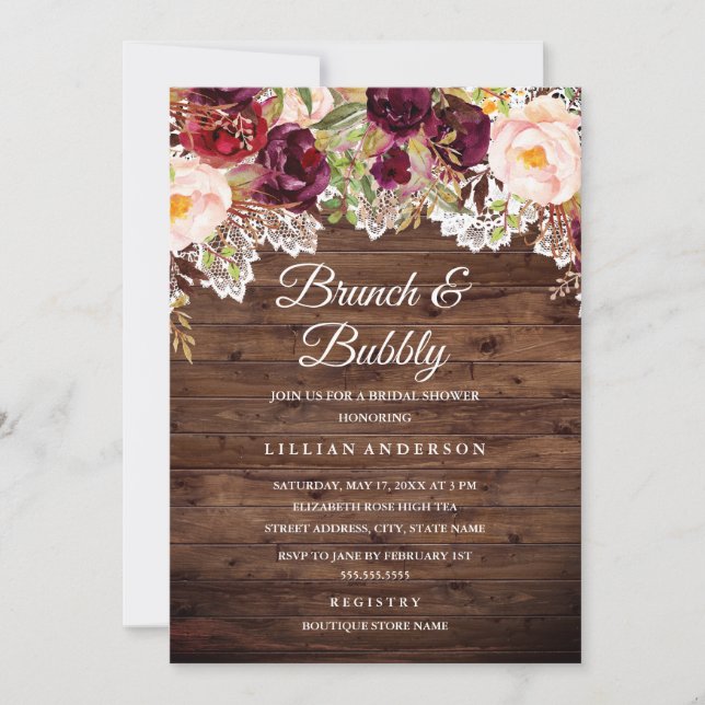 Burgundy Lace Brunch And Bubbly Bridal Shower Invitation (Front)