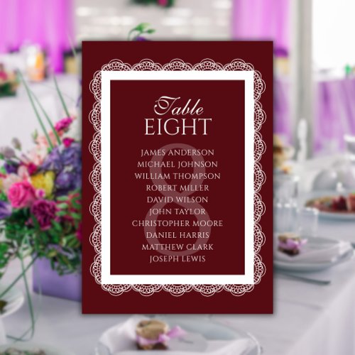 Burgundy Lace Doily Wedding Seating Chart Table Number