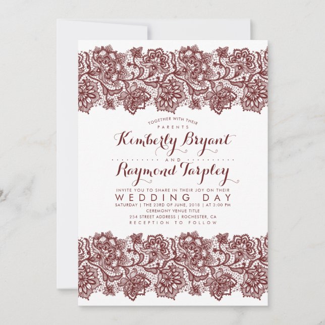 Burgundy Lace Elegant Vintage Wedding Invitation (Front)