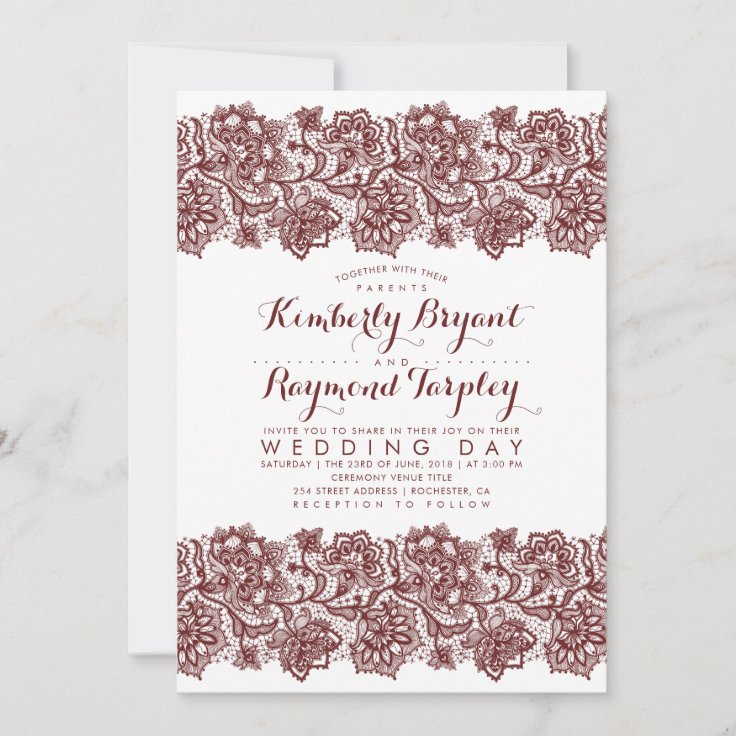 Burgundy Lace Elegant Vintage Wedding Invitation | Zazzle