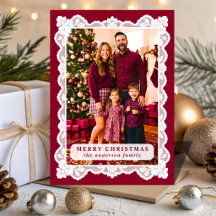 Burgundy Lace Frame Christmas Photo