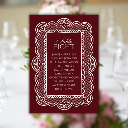 Burgundy &amp; Lace Old Money Wedding Seating Chart Table Number