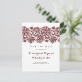 Burgundy Lace Save the Date Announcement Postcard (Standing Front)