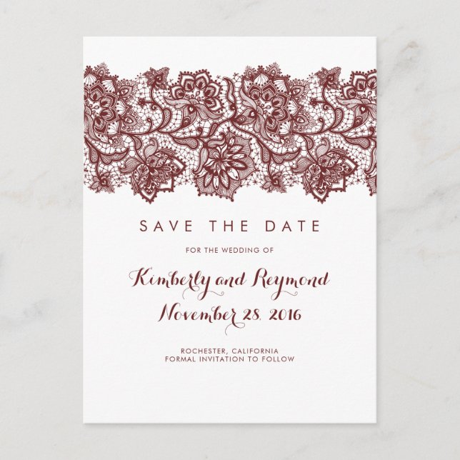 Burgundy Lace Save the Date Announcement Postcard (Front)