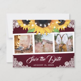 Burgundy Lace Sunflower Photo Save The Date Cards