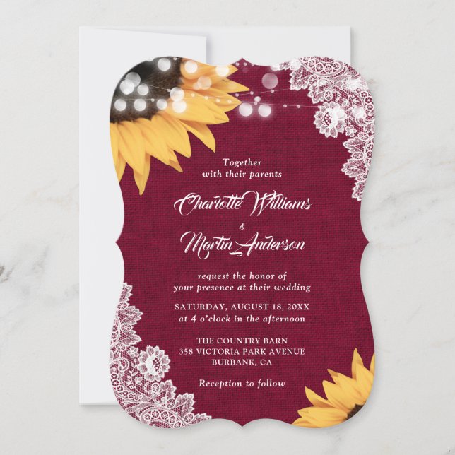 Burgundy Lace Sunflower Wedding Invitations (Front)
