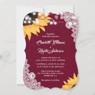 Burgundy Lace Sunflower Wedding Invitations