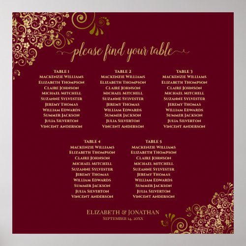 Burgundy  Lacy Gold Elegant 5 Table Seating Chart