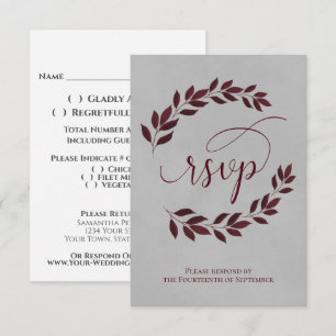 Burgundy Laurel Leaves on Gray Elegant Wedding RSVP Card