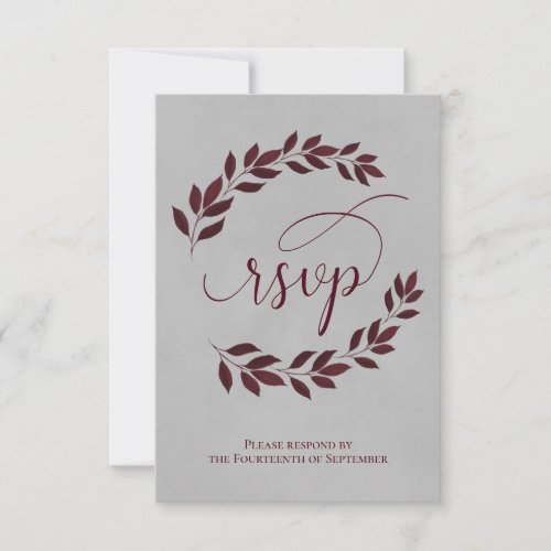 Burgundy Laurel Leaves on Gray Elegant Wedding RSVP Card