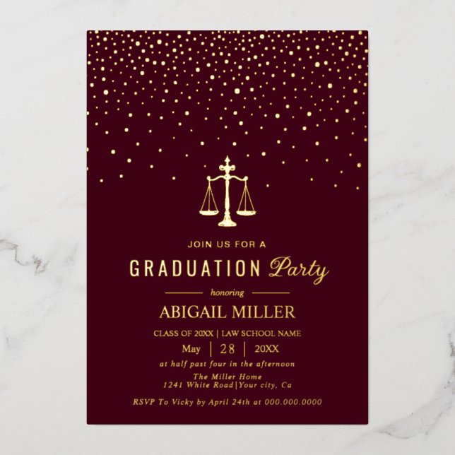 Burgundy Law school Class Of 2026 graduation gold Foil Invitation (Front)