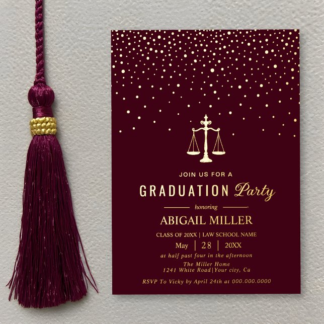 Burgundy Law school Class Of 2026 graduation gold Foil Invitation (Creator Uploaded)