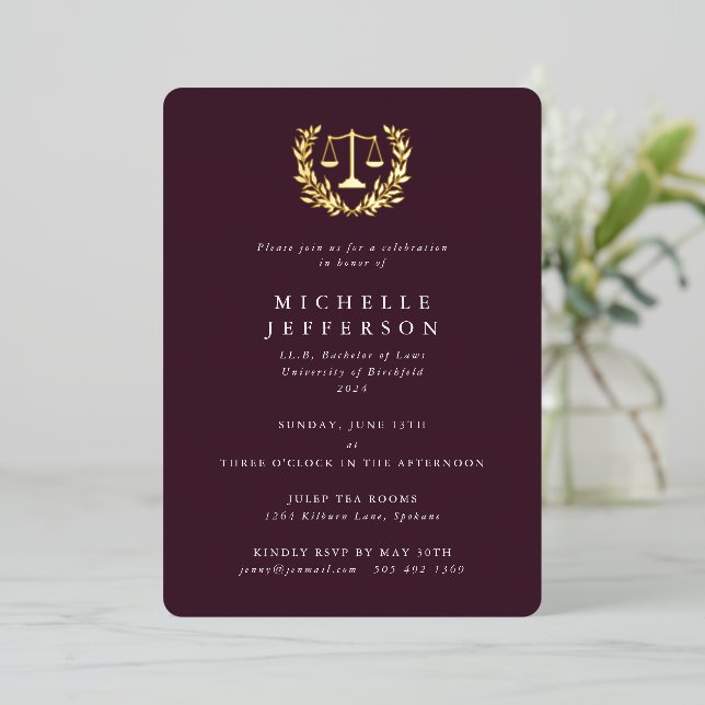 Burgundy Law School/Legal Qualification Graduation Foil Invitation (Standing Front)