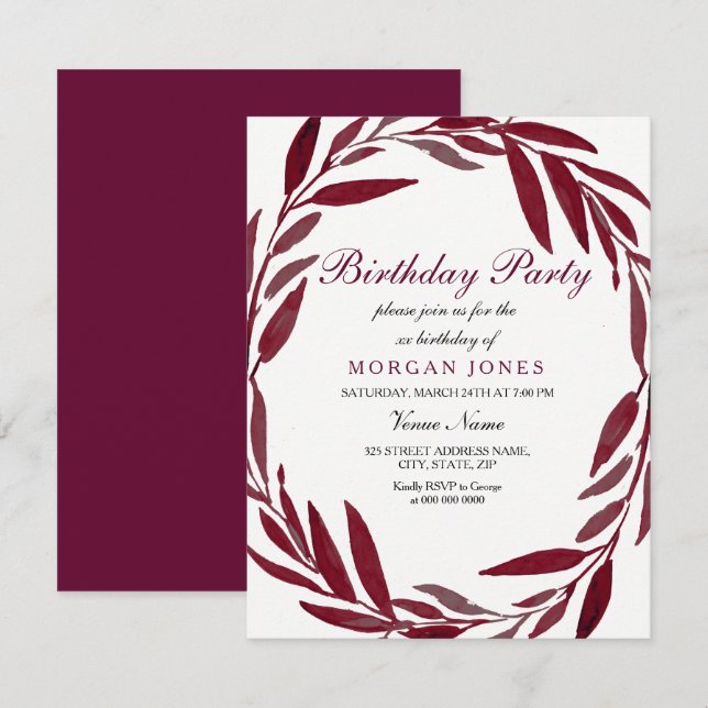 Burgundy Leaf Wreath Adult Birthday Party Invite (Front/Back)