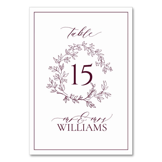 Burgundy Leafy Crest Monogram Floral Wedding Table Number (Front)