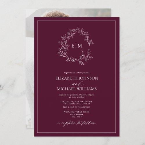 Burgundy Leafy Crest Monogram Photo Wedding  Invitation - We're loving this trendy, modern burgundy photo wedding invitation! Simple, elegant, and oh-so-pretty, it features a hand drawn leafy wreath encircling a modern wedding monogram. It is personalized in elegant typography, and accented with hand-lettered calligraphy. Finally, it is trimmed in a delicate frame and the back of the card showcases your favorite engagement photo. Veiw suite here: 
https://www.zazzle.com/collections/burgundy_leafy_crest_monogram_wedding-119160969675221295 Contact designer for matching products to complete the suite, OR for color variations of this design. Thank you sooo much for supporting our small business, we really appreciate it! 
We are so happy you love this design as much as we do, and would love to invite
you to be part of our new private Facebook group Wedding Planning Tips for Busy Brides. 
Join to receive the latest on sales, new releases and more! 
https://www.facebook.com/groups/622298402544171  
Copyright Anastasia Surridge for Elegant Invites, all rights reserved.