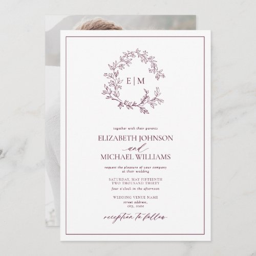 Burgundy Leafy Crest Monogram Photo Wedding  Invitation - We're loving this trendy, modern burgundy photo wedding invitation! Simple, elegant, and oh-so-pretty, it features a hand drawn leafy wreath encircling a modern wedding monogram. It is personalized in elegant typography, and accented with hand-lettered calligraphy. Finally, it is trimmed in a delicate frame and the back of the card showcases your favorite engagement photo. Veiw suite here: 
https://www.zazzle.com/collections/burgundy_leafy_crest_monogram_wedding-119160969675221295 Contact designer for matching products to complete the suite, OR for color variations of this design. Thank you sooo much for supporting our small business, we really appreciate it! 
We are so happy you love this design as much as we do, and would love to invite
you to be part of our new private Facebook group Wedding Planning Tips for Busy Brides. 
Join to receive the latest on sales, new releases and more! 
https://www.facebook.com/groups/622298402544171  
Copyright Anastasia Surridge for Elegant Invites, all rights reserved.