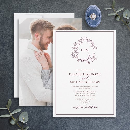 Burgundy Leafy Crest Monogram Photo Wedding  Invitation