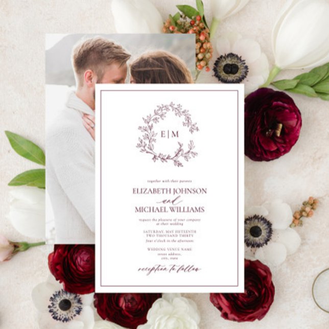 Burgundy Leafy Crest Monogram Photo Wedding  Invitation (Creator Uploaded)