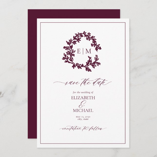 Burgundy Leafy Crest Monogram Save the Date Invitation (Front/Back)