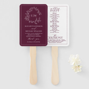 Burgundy Leafy Crest Monogram Wedding Program Hand Fan