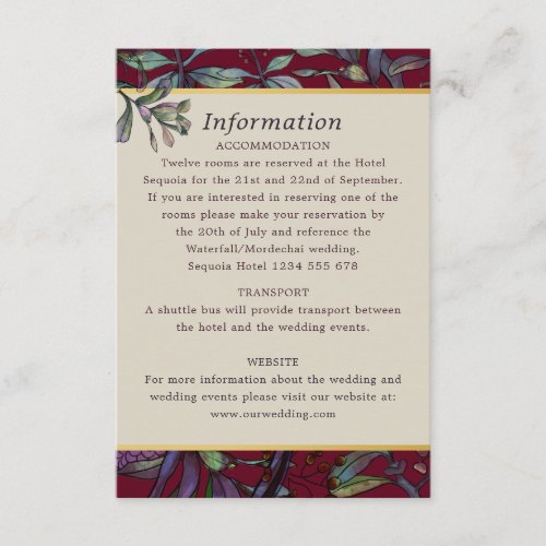 Burgundy leafy floral wedding guest information enclosure card