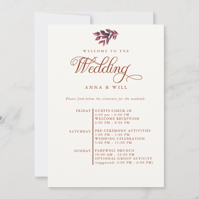 Burgundy Leaves Elegant Fall Wedding Itinerary Invitation (Front)
